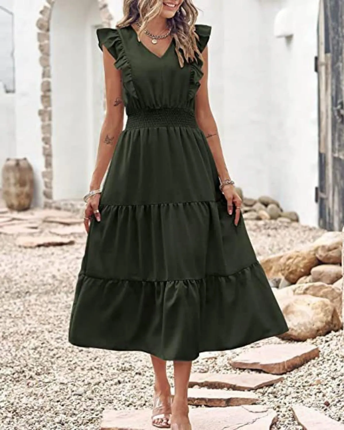 Womens Summer Maxi Dress V Neck Cap Ruffle Sleeve Smocked Dresses Casual Boho Flowy Swing Tiered Beach Sundress