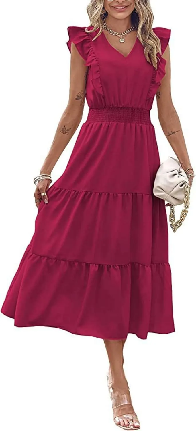 Womens Summer Maxi Dress V Neck Cap Ruffle Sleeve Smocked Dresses Casual Boho Flowy Swing Tiered Beach Sundress