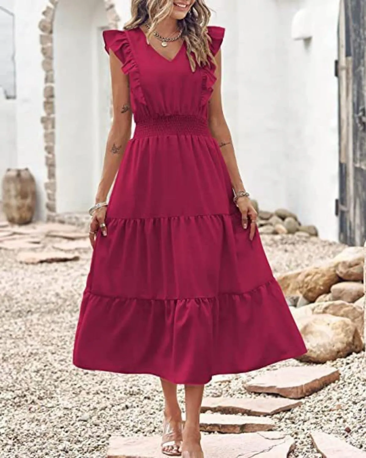 Womens Summer Maxi Dress V Neck Cap Ruffle Sleeve Smocked Dresses Casual Boho Flowy Swing Tiered Beach Sundress