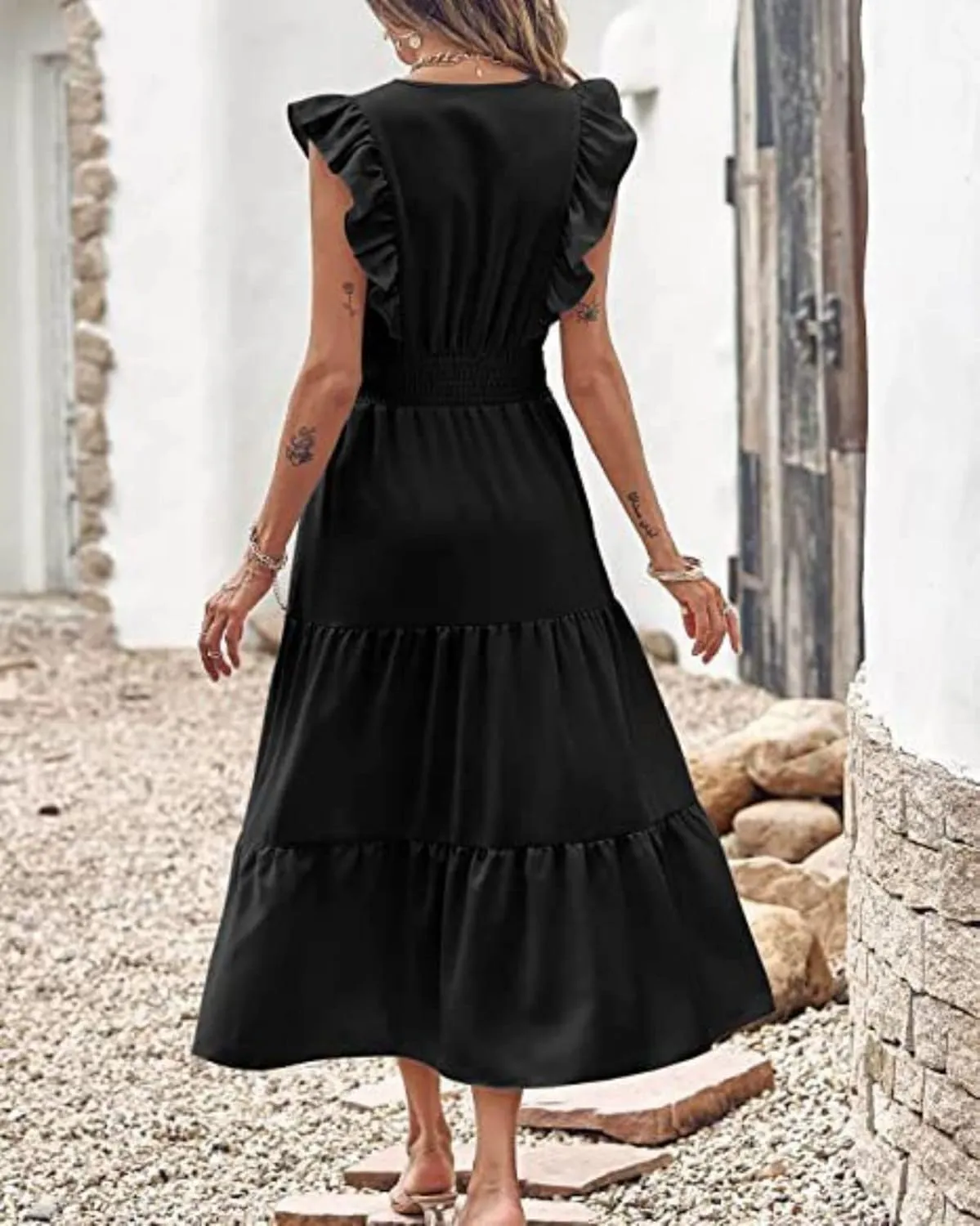 Womens Summer Maxi Dress V Neck Cap Ruffle Sleeve Smocked Dresses Casual Boho Flowy Swing Tiered Beach Sundress