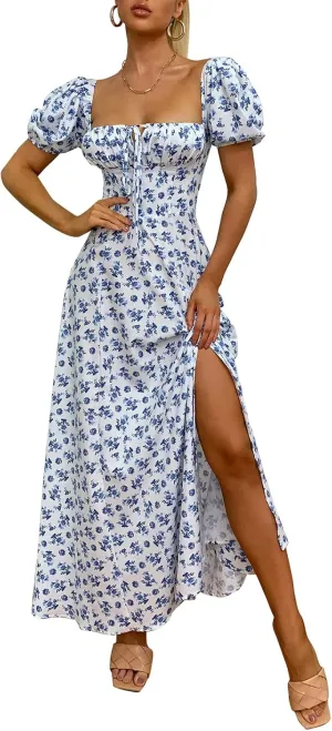 Women's Summer Puff Sleeve Floral Split Maxi Dress Flowy A Line Casual Beach Long Dresses 2025