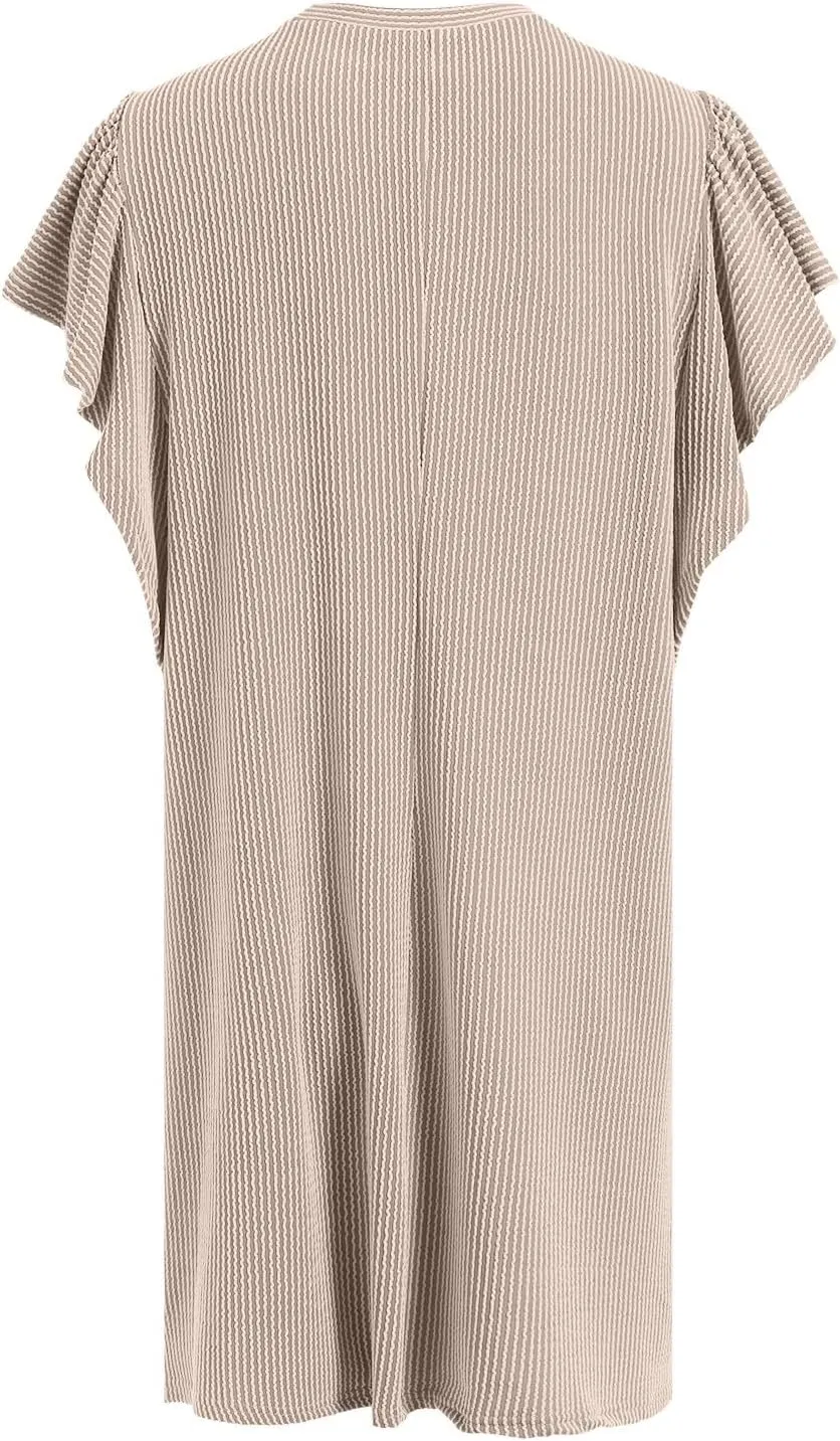 Womens Summer Ruffle Sleeve Mini Dress Crew Neck A Line Lightweight Soft Solid Casual Baby Dolls Short Dresses