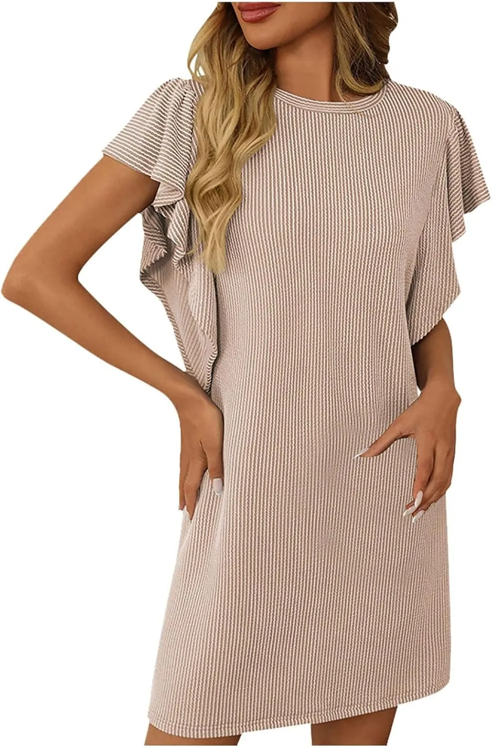 Womens Summer Ruffle Sleeve Mini Dress Crew Neck A Line Lightweight Soft Solid Casual Baby Dolls Short Dresses