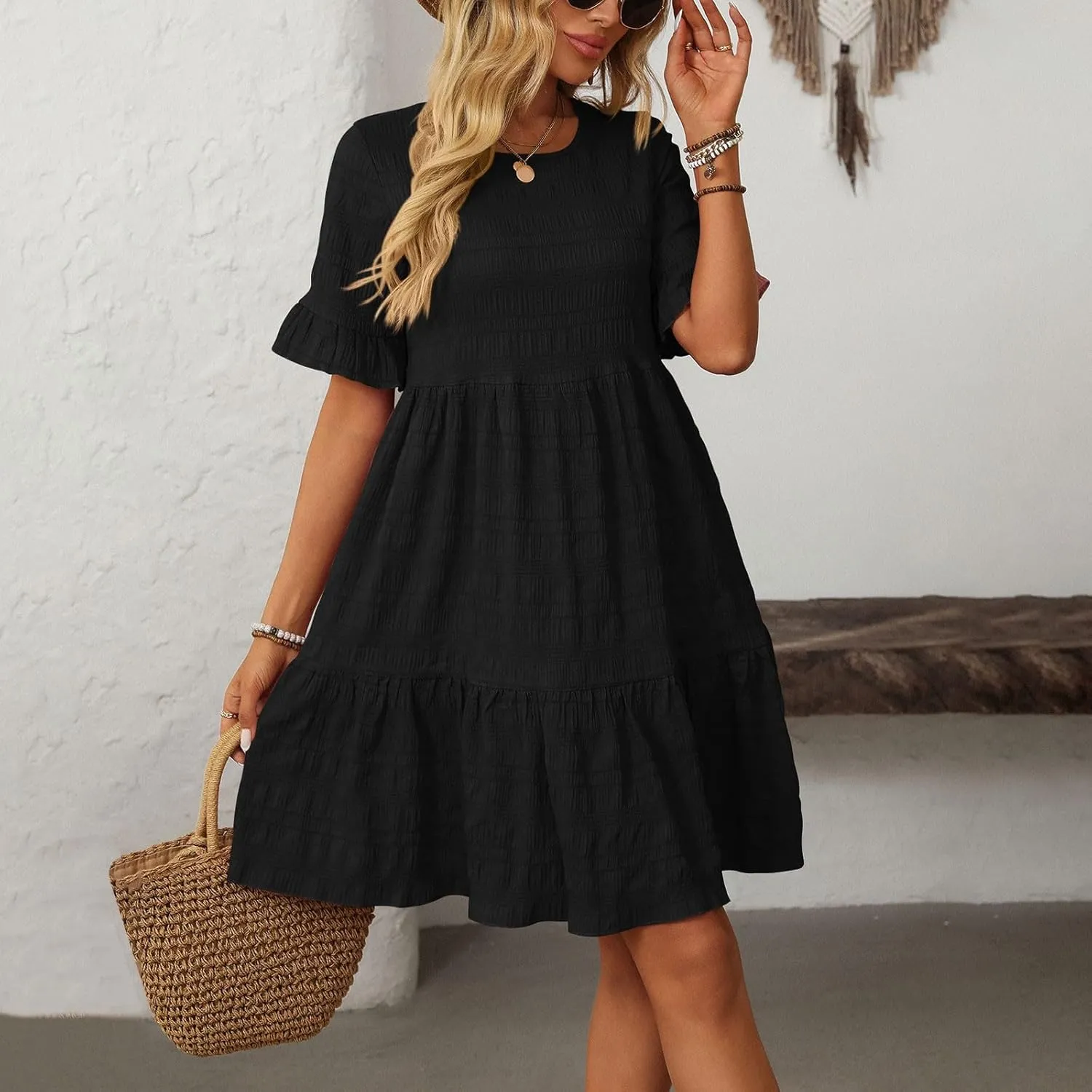 Womens Summer Ruffle Sleeve Mini Dress Crew Neck A Line Lightweight Soft Solid Casual Baby Dolls Short Dresses