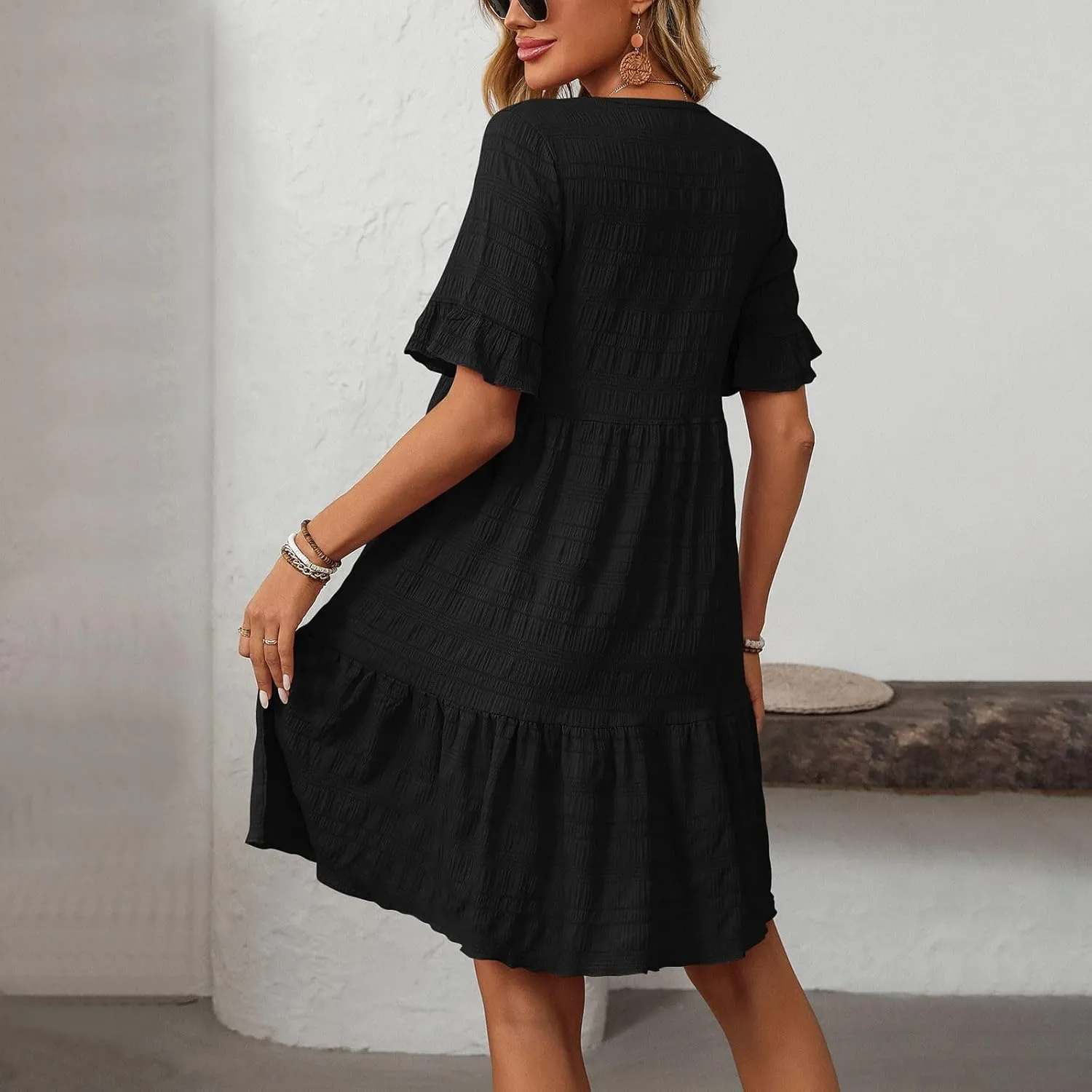 Womens Summer Ruffle Sleeve Mini Dress Crew Neck A Line Lightweight Soft Solid Casual Baby Dolls Short Dresses