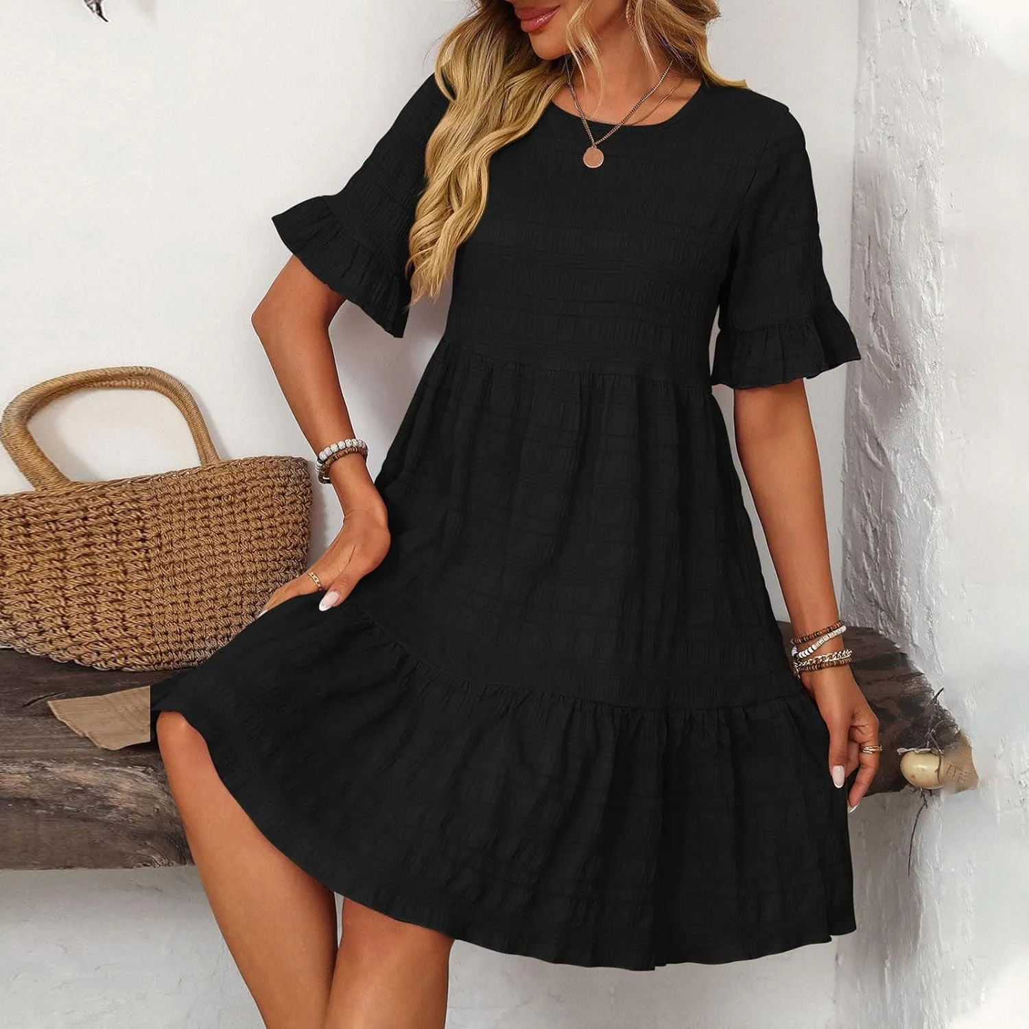 Womens Summer Ruffle Sleeve Mini Dress Crew Neck A Line Lightweight Soft Solid Casual Baby Dolls Short Dresses
