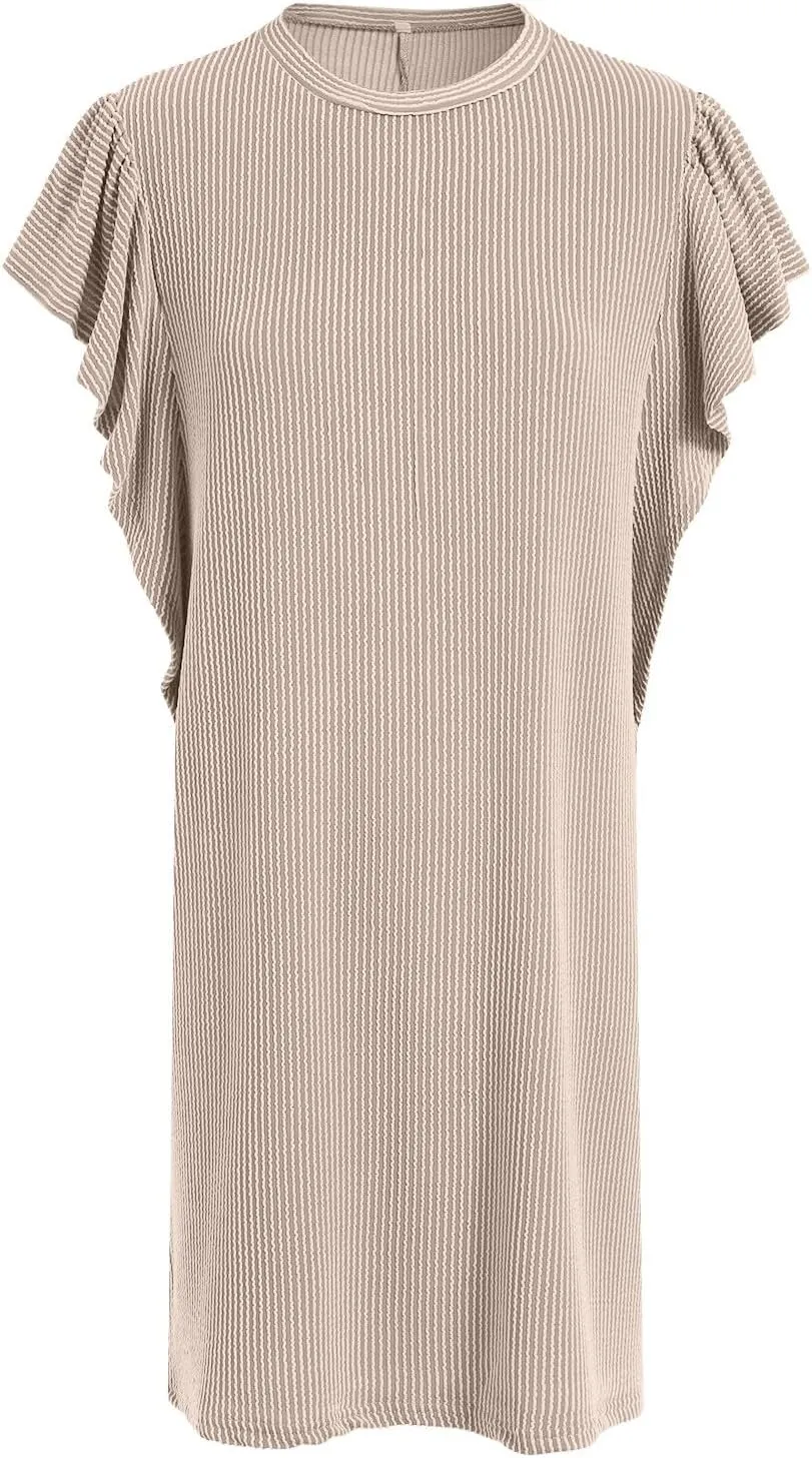 Womens Summer Ruffle Sleeve Mini Dress Crew Neck A Line Lightweight Soft Solid Casual Baby Dolls Short Dresses