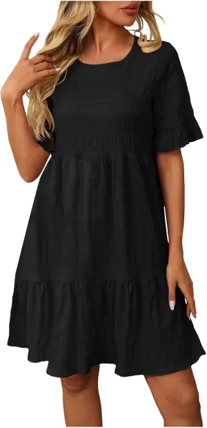 Womens Summer Ruffle Sleeve Mini Dress Crew Neck A Line Lightweight Soft Solid Casual Baby Dolls Short Dresses