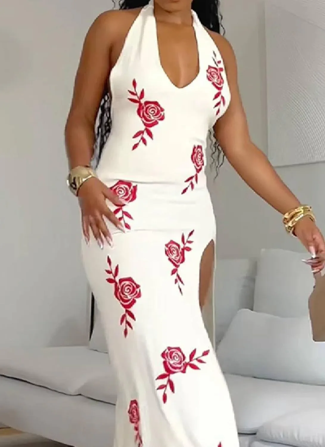 Womens Summer Sexy Elegant White Floral Wrap Halter Sleeveless High Slipt Bodycon Mermaid Hem Beach Maxi Dress