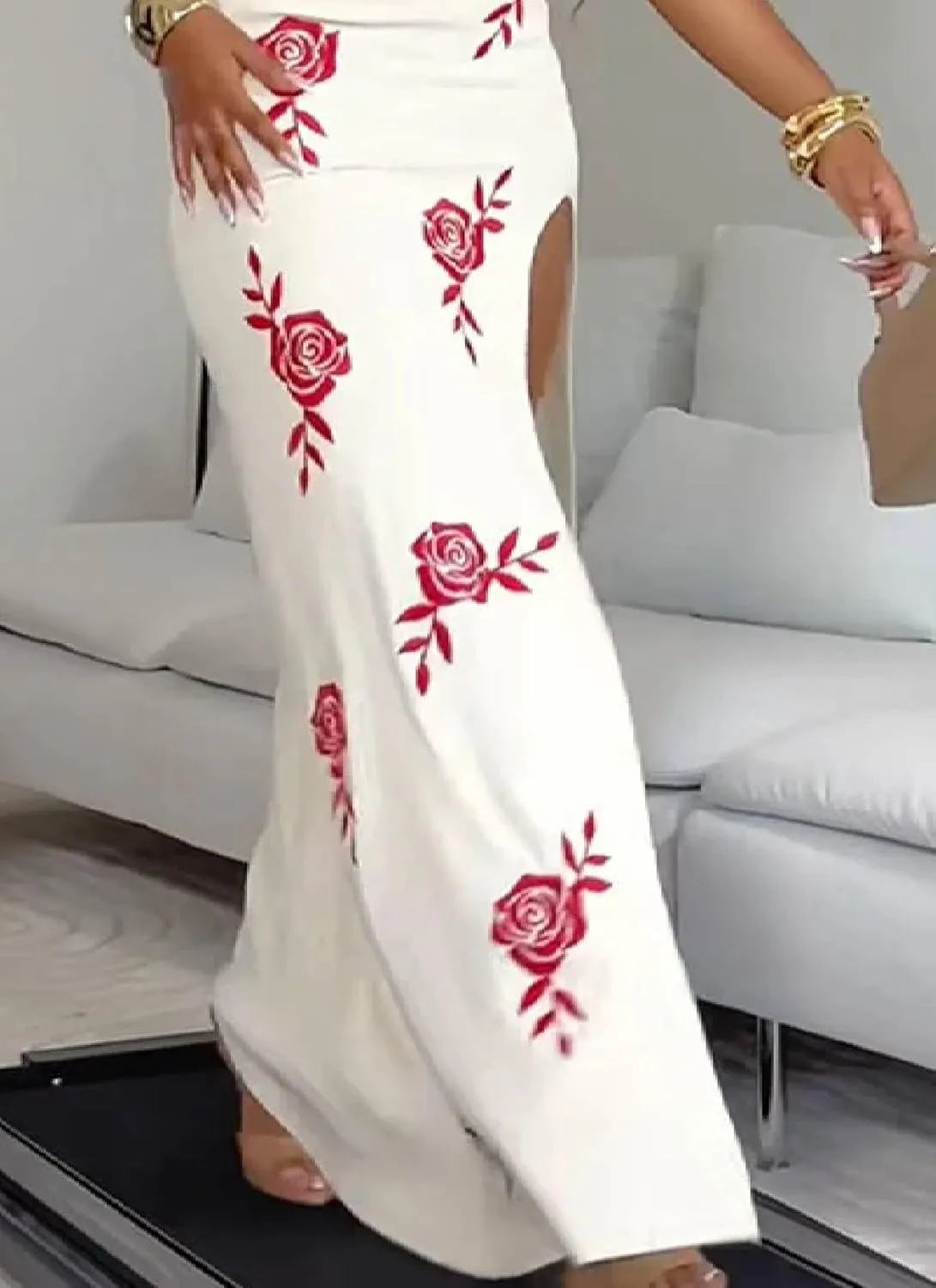 Womens Summer Sexy Elegant White Floral Wrap Halter Sleeveless High Slipt Bodycon Mermaid Hem Beach Maxi Dress