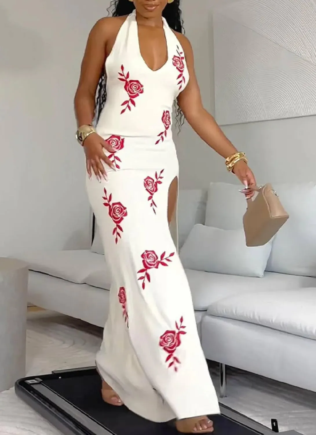 Womens Summer Sexy Elegant White Floral Wrap Halter Sleeveless High Slipt Bodycon Mermaid Hem Beach Maxi Dress