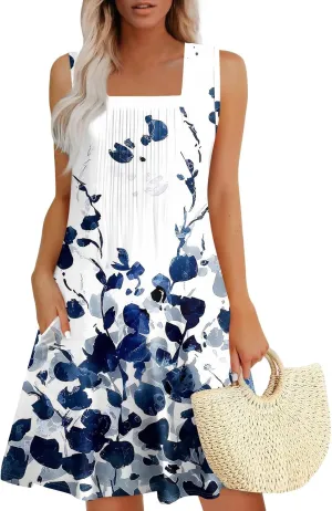 Women's Summer Sleeveless Boho Beach Dress 2025 Floral Mini Sundress Casual Flowy Tshirt Dress with Pockets