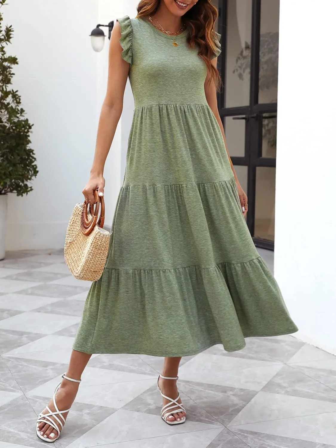Women's Summer Sleeveless Maxi Dress Ruffle Sleeve Crewneck Tiered Flowy Pleated Casual A Line Sundress with Pockets
