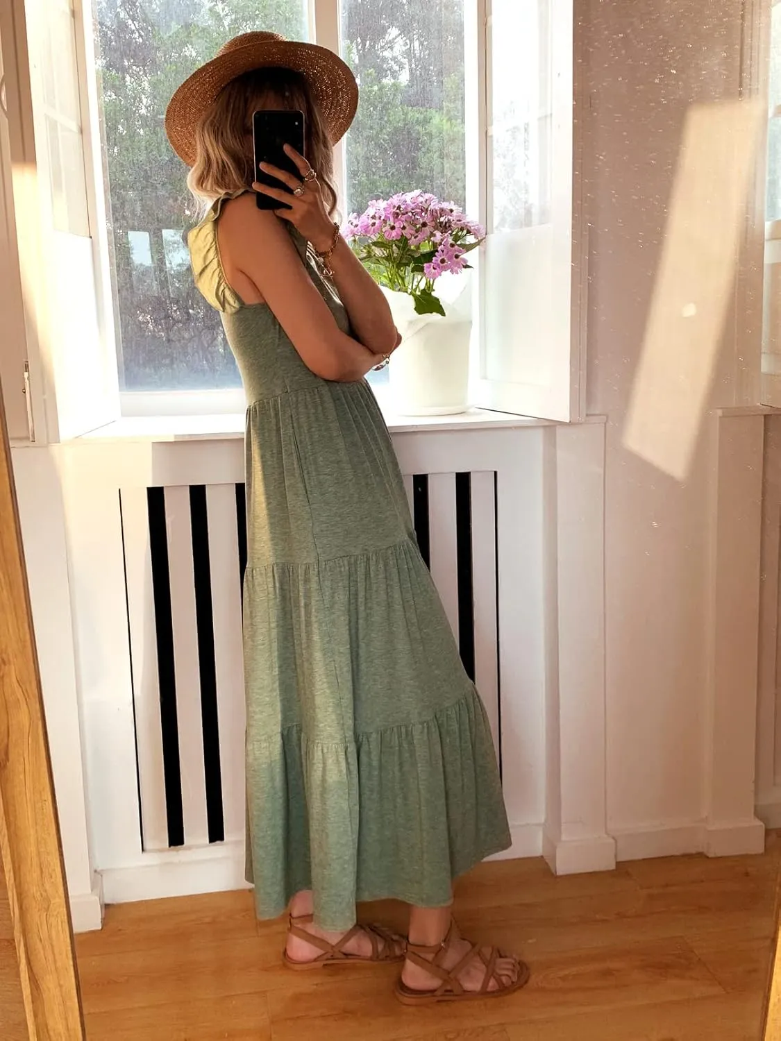 Women's Summer Sleeveless Maxi Dress Ruffle Sleeve Crewneck Tiered Flowy Pleated Casual A Line Sundress with Pockets