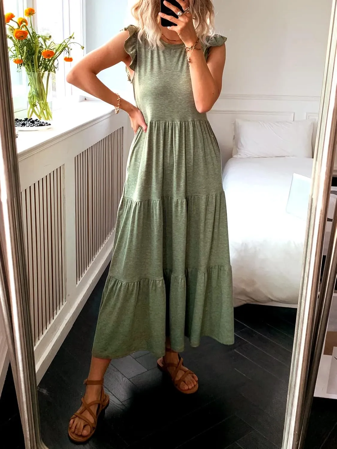 Women's Summer Sleeveless Maxi Dress Ruffle Sleeve Crewneck Tiered Flowy Pleated Casual A Line Sundress with Pockets