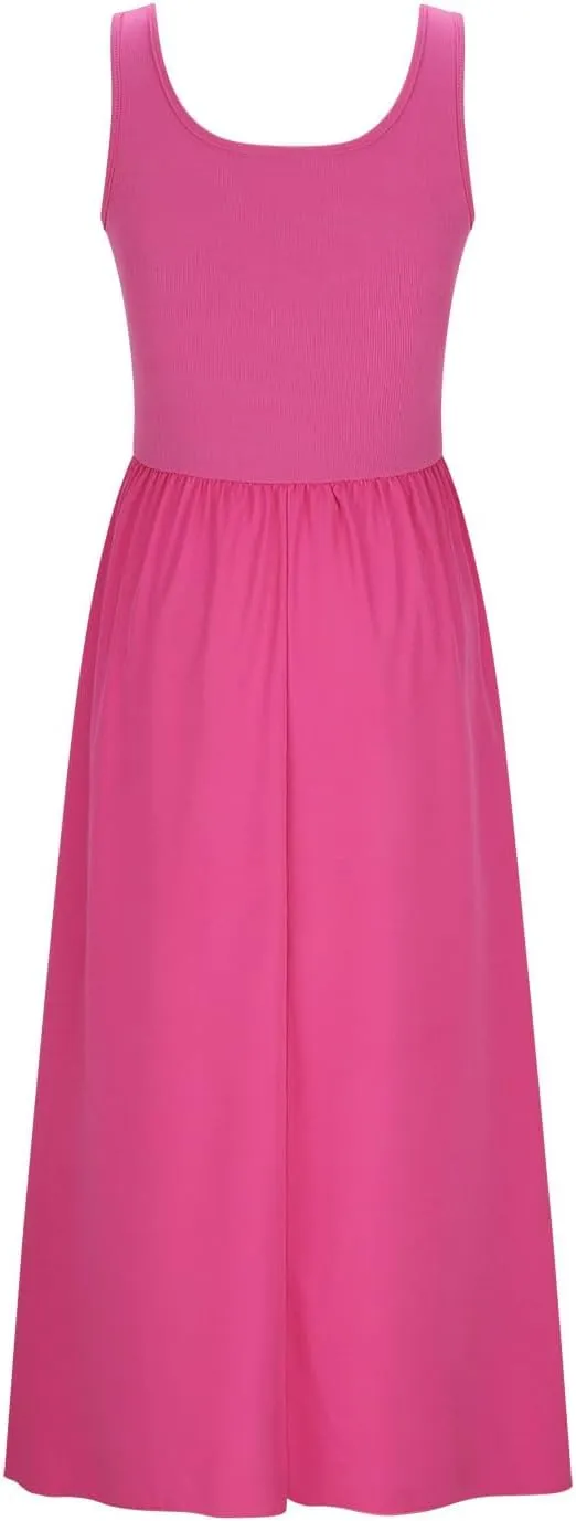 Women's Summer Sleeveless Tank Dress Casual A Line Scoop Neck Maxi Sundress Beach Flowy Pleated Wrap Long Dresses