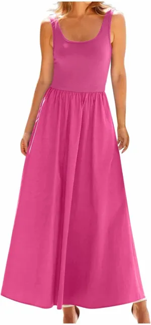 Women's Summer Sleeveless Tank Dress Casual A Line Scoop Neck Maxi Sundress Beach Flowy Pleated Wrap Long Dresses