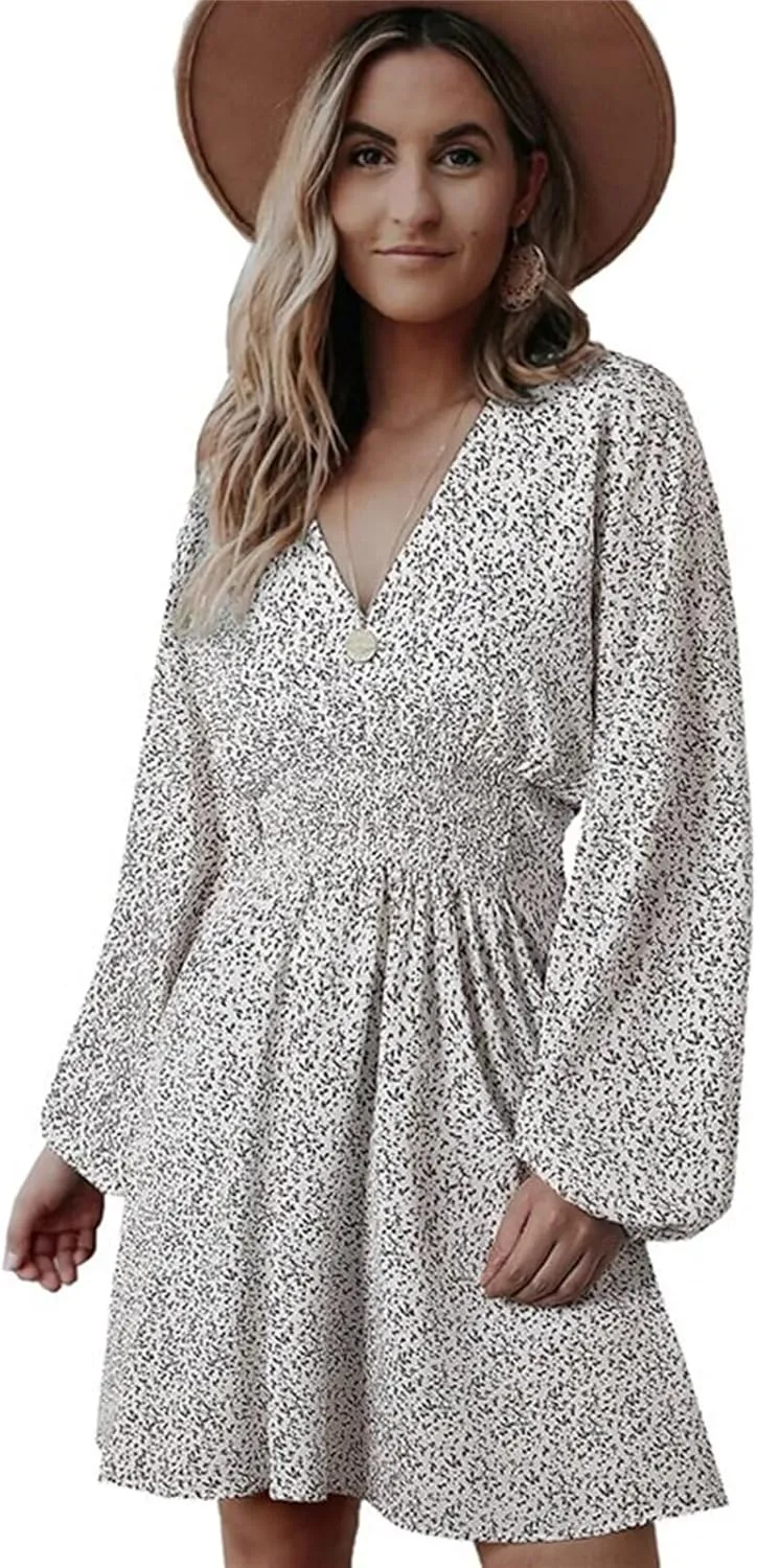 Womens Summer Spring Dresses Casual Boho Sundress Floral Print Tie Front Dress Tunic Ruffle Loose Beach Mini Dresses