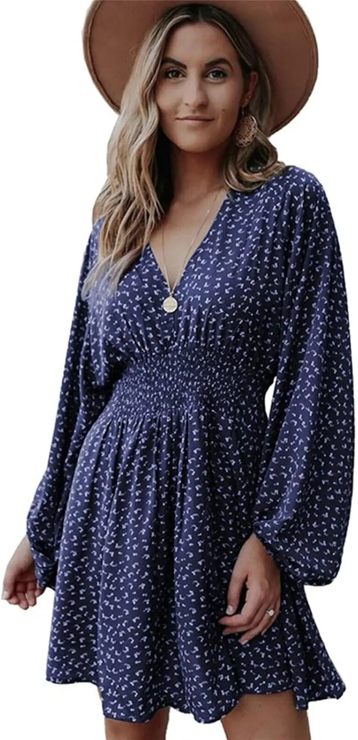Womens Summer Spring Dresses Casual Boho Sundress Floral Print Tie Front Dress Tunic Ruffle Loose Beach Mini Dresses