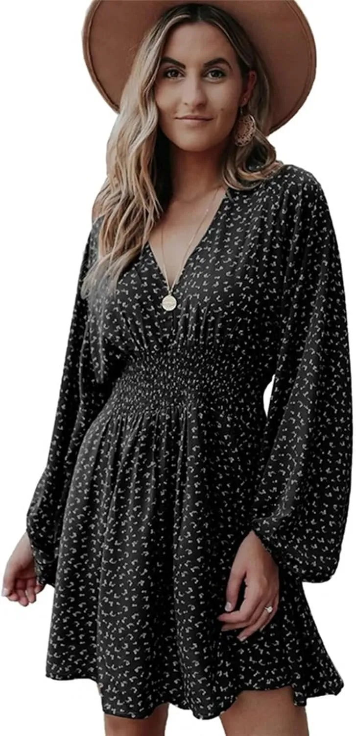 Womens Summer Spring Dresses Casual Boho Sundress Floral Print Tie Front Dress Tunic Ruffle Loose Beach Mini Dresses