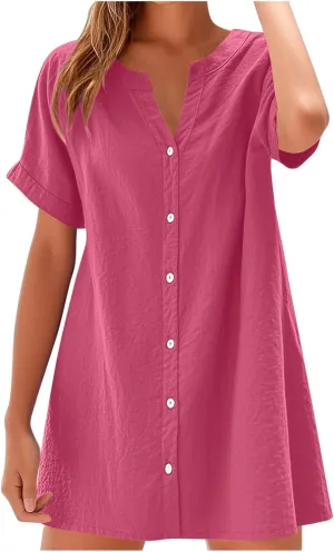 Women's Summer V Neck Dress Short Sleeve Button Down Dresses Casual Trendy Solid Color Loose Comfy Beach Mini Dress