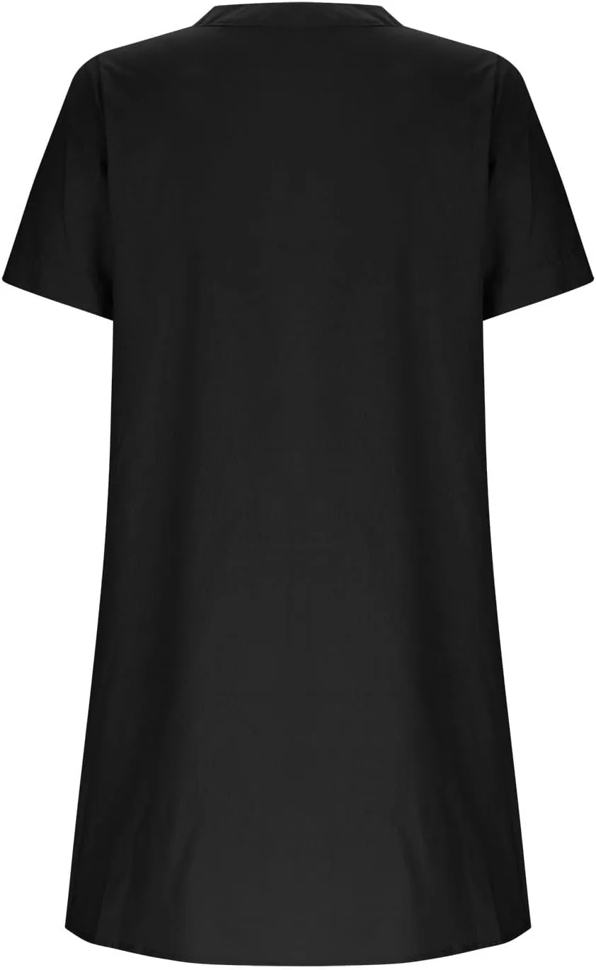 Women's Summer V Neck Dress Short Sleeve Button Down Dresses Casual Trendy Solid Color Loose Comfy Beach Mini Dress