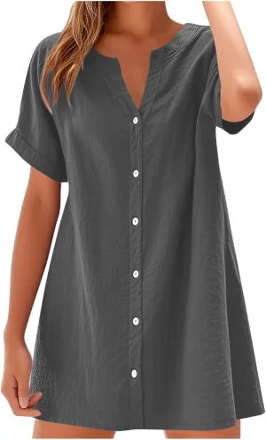 Women's Summer V Neck Dress Short Sleeve Button Down Dresses Casual Trendy Solid Color Loose Comfy Beach Mini Dress