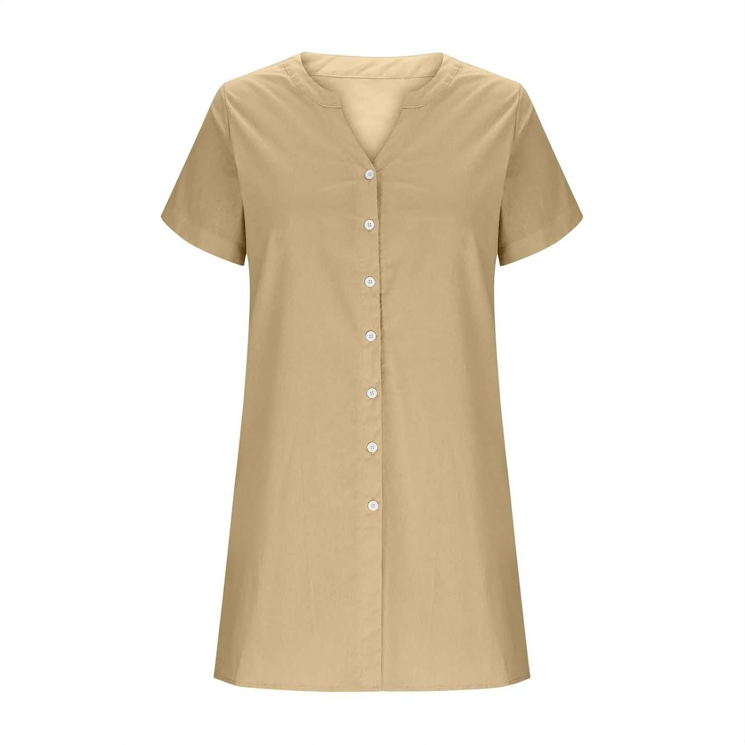Women's Summer V Neck Dress Short Sleeve Button Down Dresses Casual Trendy Solid Color Loose Comfy Beach Mini Dress