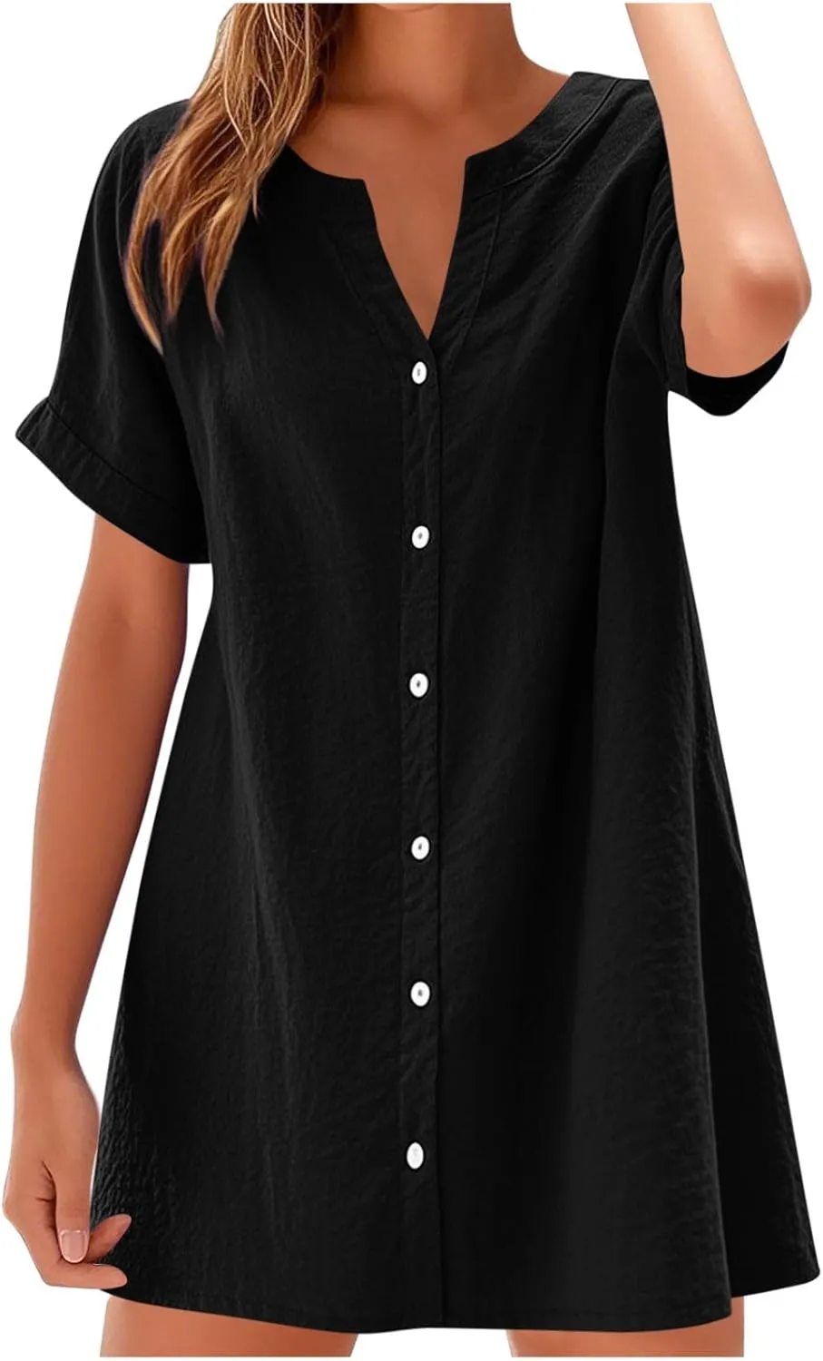 Women's Summer V Neck Dress Short Sleeve Button Down Dresses Casual Trendy Solid Color Loose Comfy Beach Mini Dress