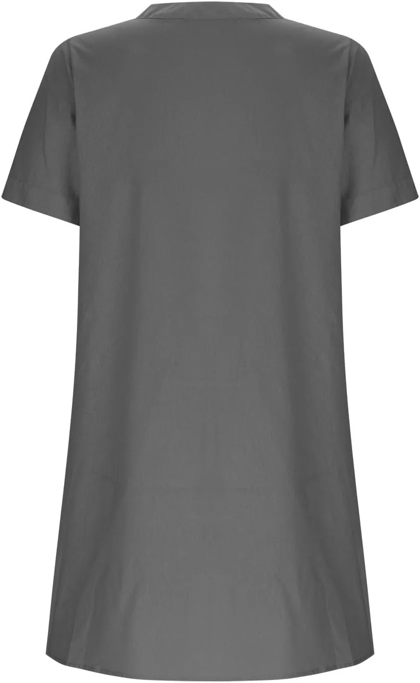 Women's Summer V Neck Dress Short Sleeve Button Down Dresses Casual Trendy Solid Color Loose Comfy Beach Mini Dress