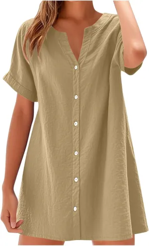 Women's Summer V Neck Dress Short Sleeve Button Down Dresses Casual Trendy Solid Color Loose Comfy Beach Mini Dress