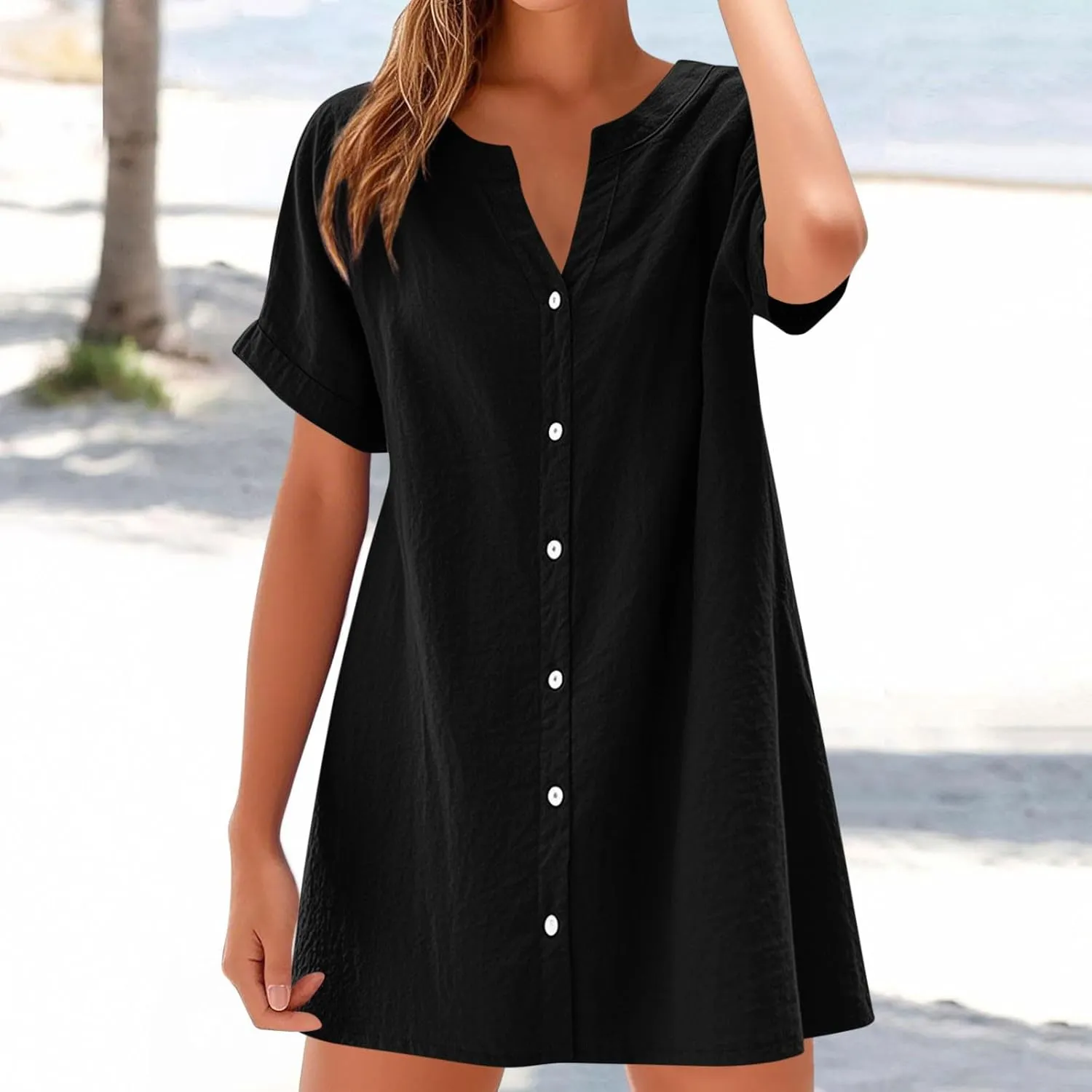Women's Summer V Neck Dress Short Sleeve Button Down Dresses Casual Trendy Solid Color Loose Comfy Beach Mini Dress