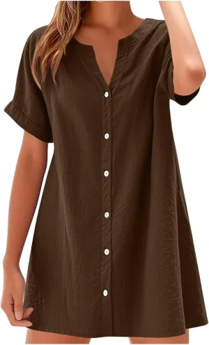 Women's Summer V Neck Dress Short Sleeve Button Down Dresses Casual Trendy Solid Color Loose Comfy Beach Mini Dress