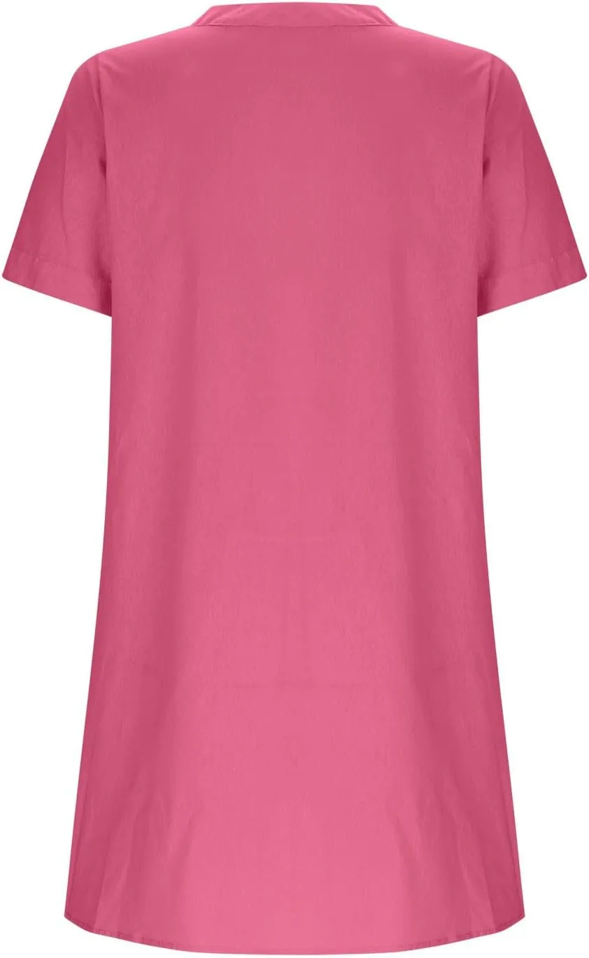 Women's Summer V Neck Dress Short Sleeve Button Down Dresses Casual Trendy Solid Color Loose Comfy Beach Mini Dress