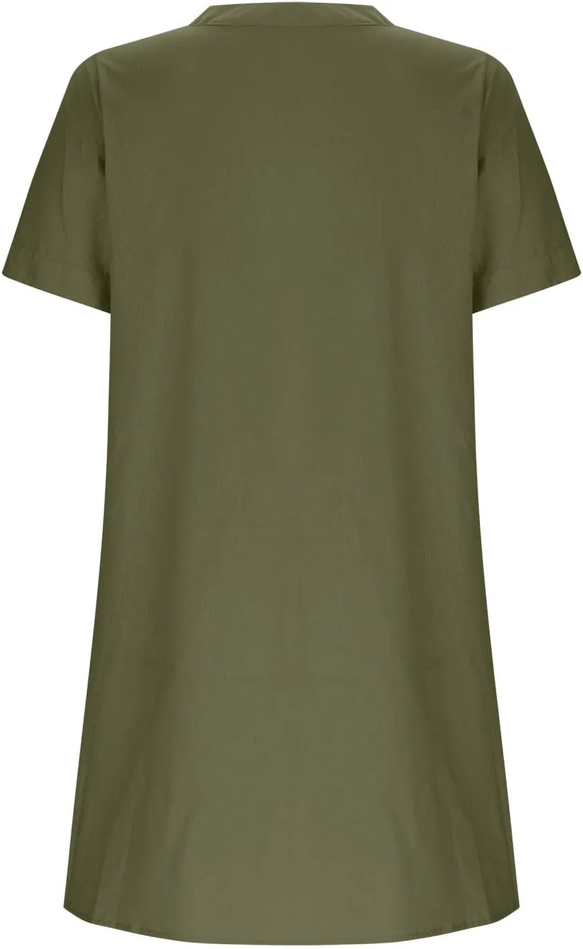 Women's Summer V Neck Dress Short Sleeve Button Down Dresses Casual Trendy Solid Color Loose Comfy Beach Mini Dress