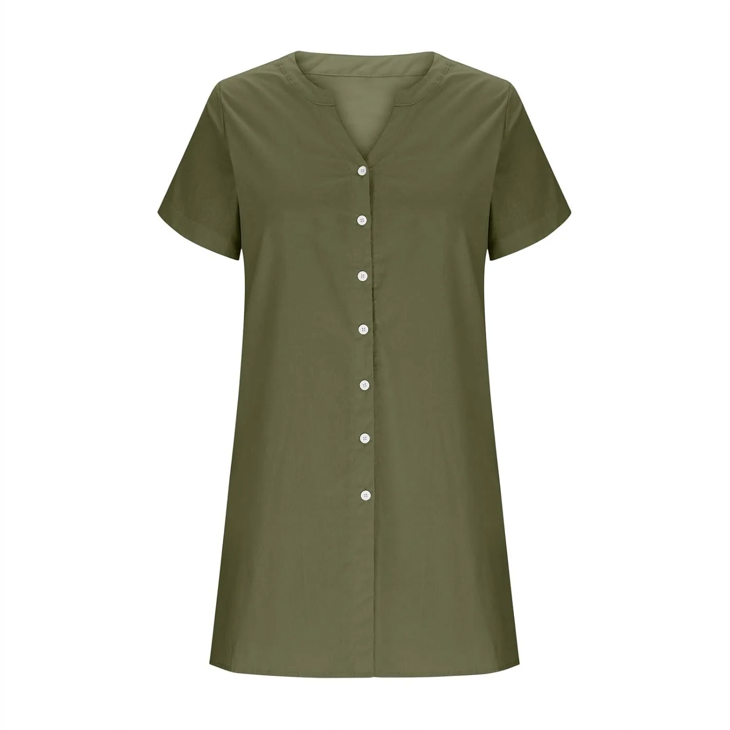 Women's Summer V Neck Dress Short Sleeve Button Down Dresses Casual Trendy Solid Color Loose Comfy Beach Mini Dress