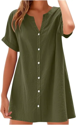 Women's Summer V Neck Dress Short Sleeve Button Down Dresses Casual Trendy Solid Color Loose Comfy Beach Mini Dress