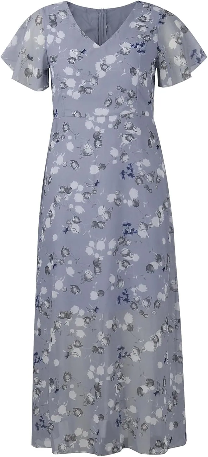 Women's Summer Wedding Guest Dress Chiffon Boho Floral Ruffle Short Sleeve v Neck Casual Flowy Maxi Sundress