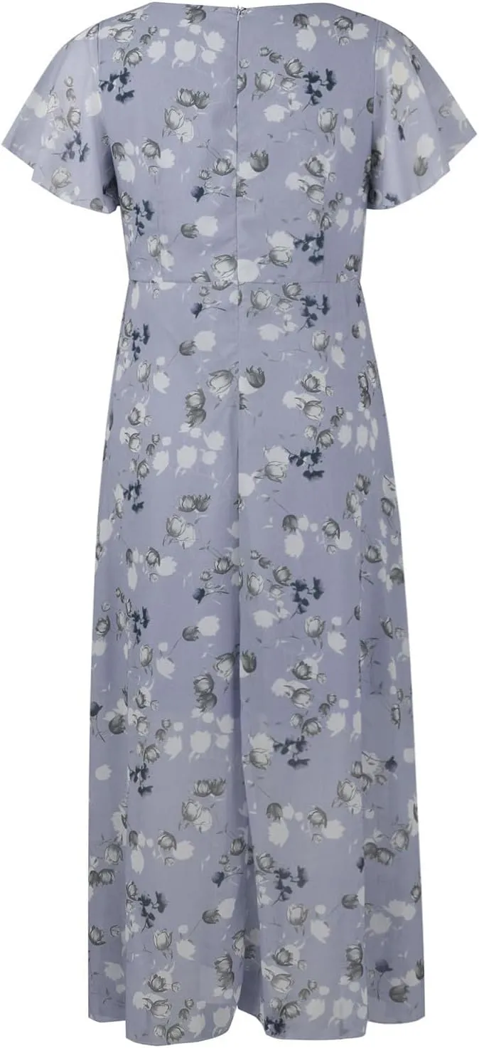 Women's Summer Wedding Guest Dress Chiffon Boho Floral Ruffle Short Sleeve v Neck Casual Flowy Maxi Sundress