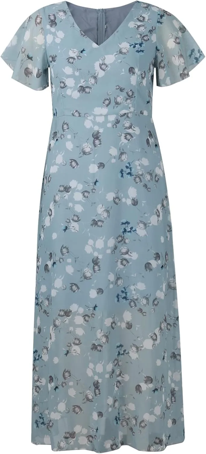 Women's Summer Wedding Guest Dress Chiffon Boho Floral Ruffle Short Sleeve v Neck Casual Flowy Maxi Sundress