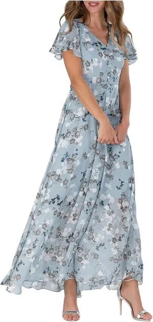 Women's Summer Wedding Guest Dress Chiffon Boho Floral Ruffle Short Sleeve v Neck Casual Flowy Maxi Sundress