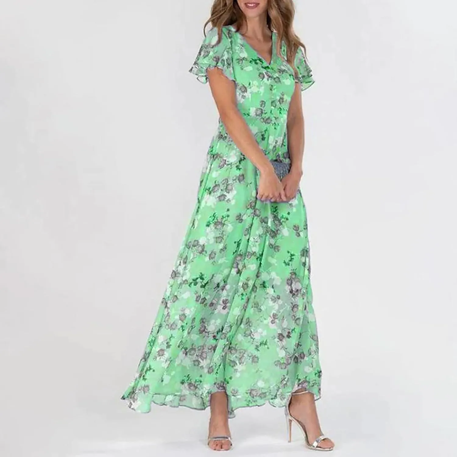 Women's Summer Wedding Guest Dress Chiffon Boho Floral Ruffle Short Sleeve v Neck Casual Flowy Maxi Sundress