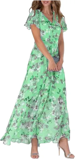 Women's Summer Wedding Guest Dress Chiffon Boho Floral Ruffle Short Sleeve v Neck Casual Flowy Maxi Sundress