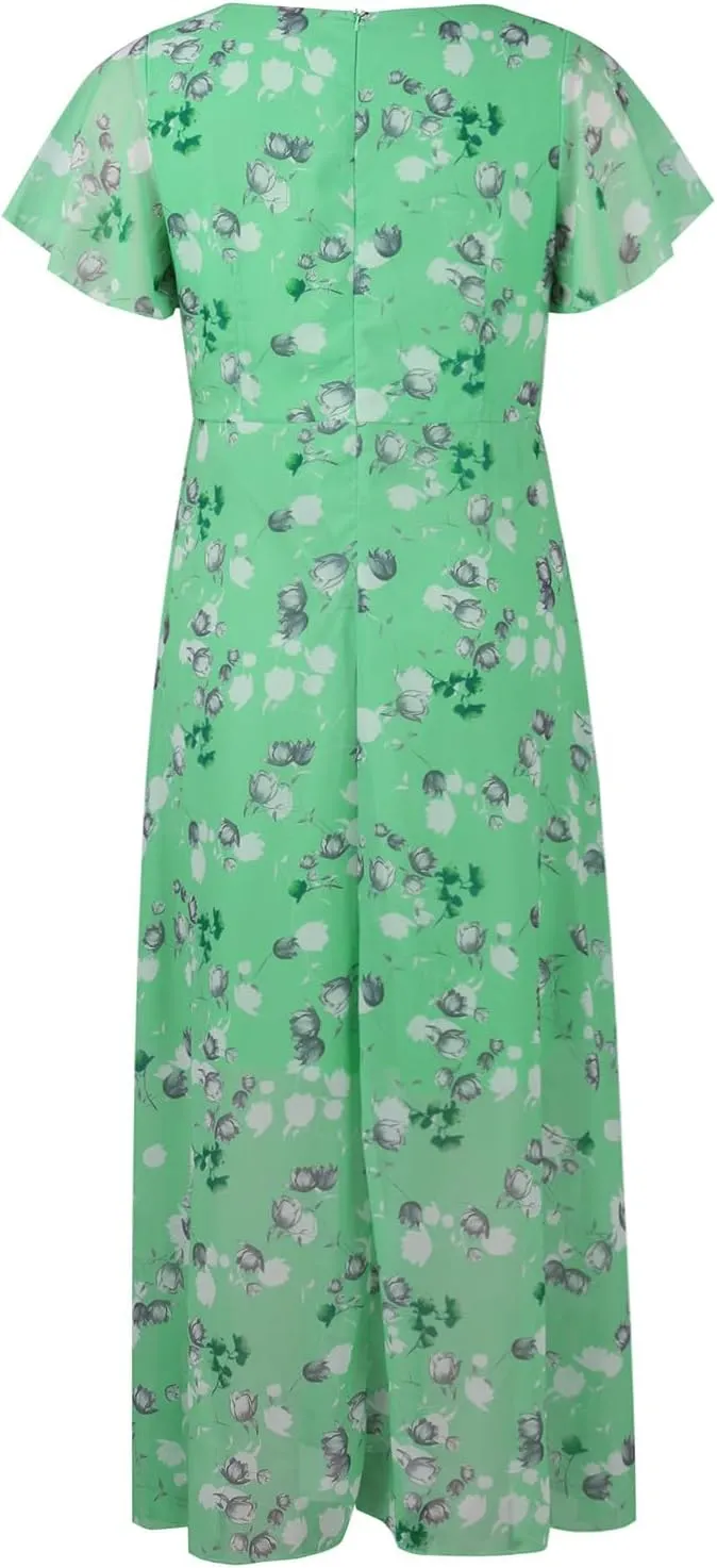 Women's Summer Wedding Guest Dress Chiffon Boho Floral Ruffle Short Sleeve v Neck Casual Flowy Maxi Sundress