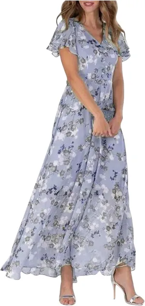 Women's Summer Wedding Guest Dress Chiffon Boho Floral Ruffle Short Sleeve v Neck Casual Flowy Maxi Sundress