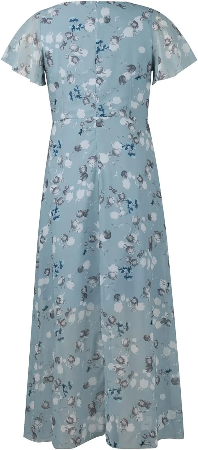Women's Summer Wedding Guest Dress Chiffon Boho Floral Ruffle Short Sleeve v Neck Casual Flowy Maxi Sundress