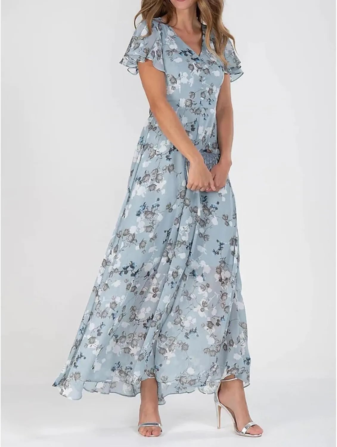 Women's Summer Wedding Guest Dress Chiffon Boho Floral Ruffle Short Sleeve v Neck Casual Flowy Maxi Sundress