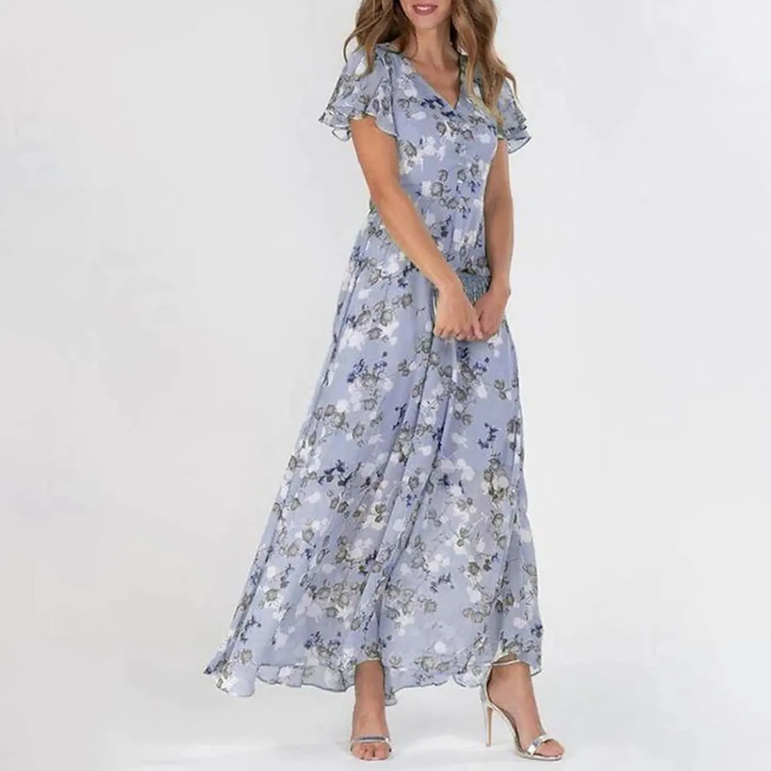 Women's Summer Wedding Guest Dress Chiffon Boho Floral Ruffle Short Sleeve v Neck Casual Flowy Maxi Sundress