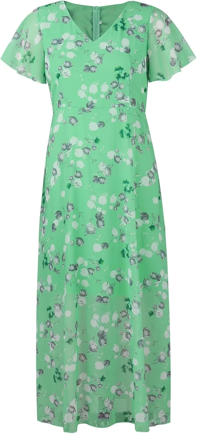 Women's Summer Wedding Guest Dress Chiffon Boho Floral Ruffle Short Sleeve v Neck Casual Flowy Maxi Sundress