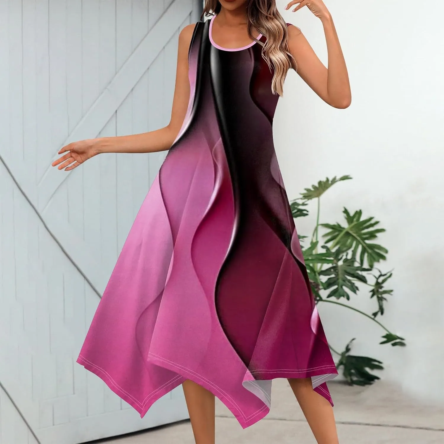 Womens Sun Dress Women's Summer 2025 Round Neck Midi Dress Sleeveless Gradient Floral Printed Beach Tank Dresses